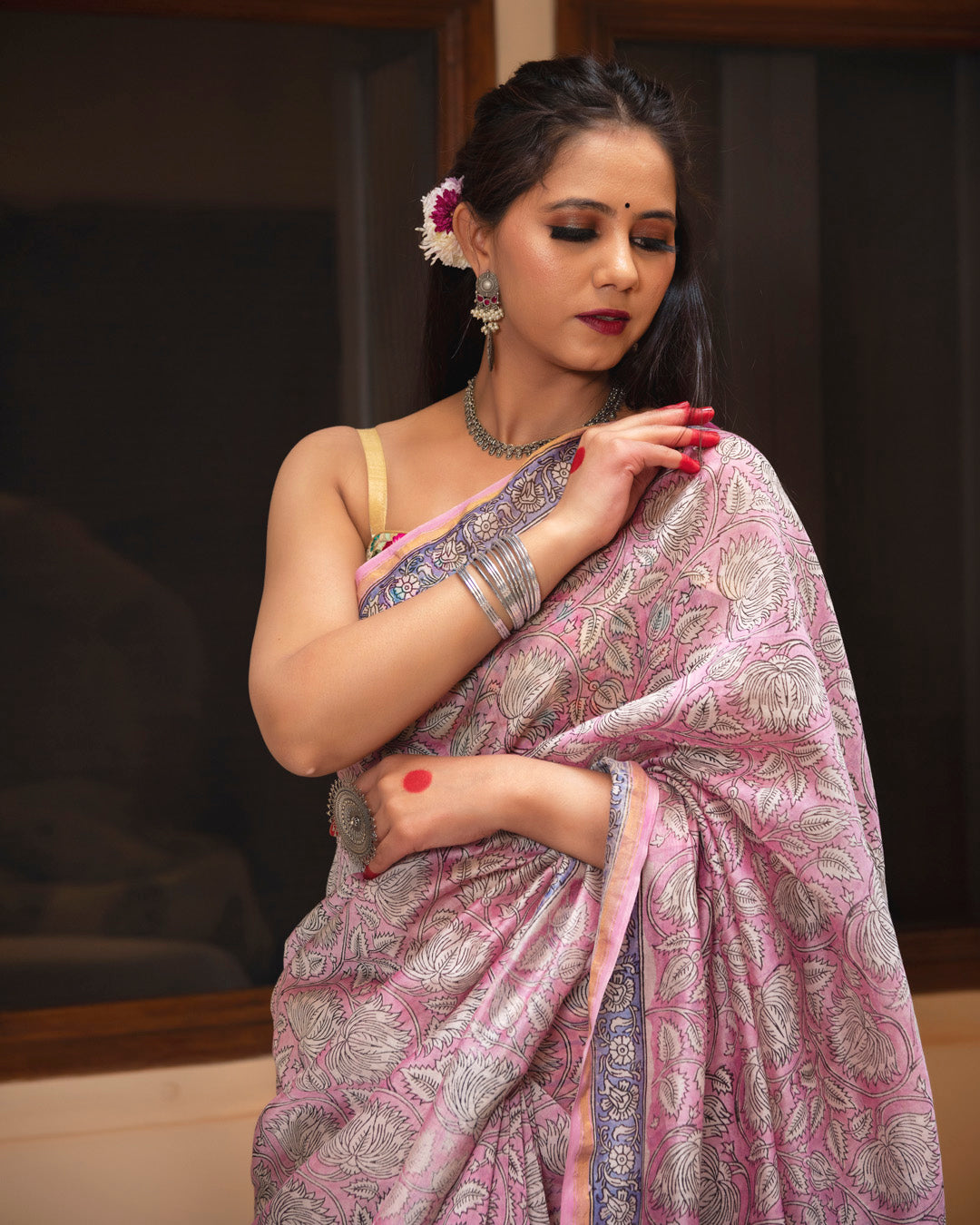 Zilmil Chanderi Hand Block Printed Saree with Blouse