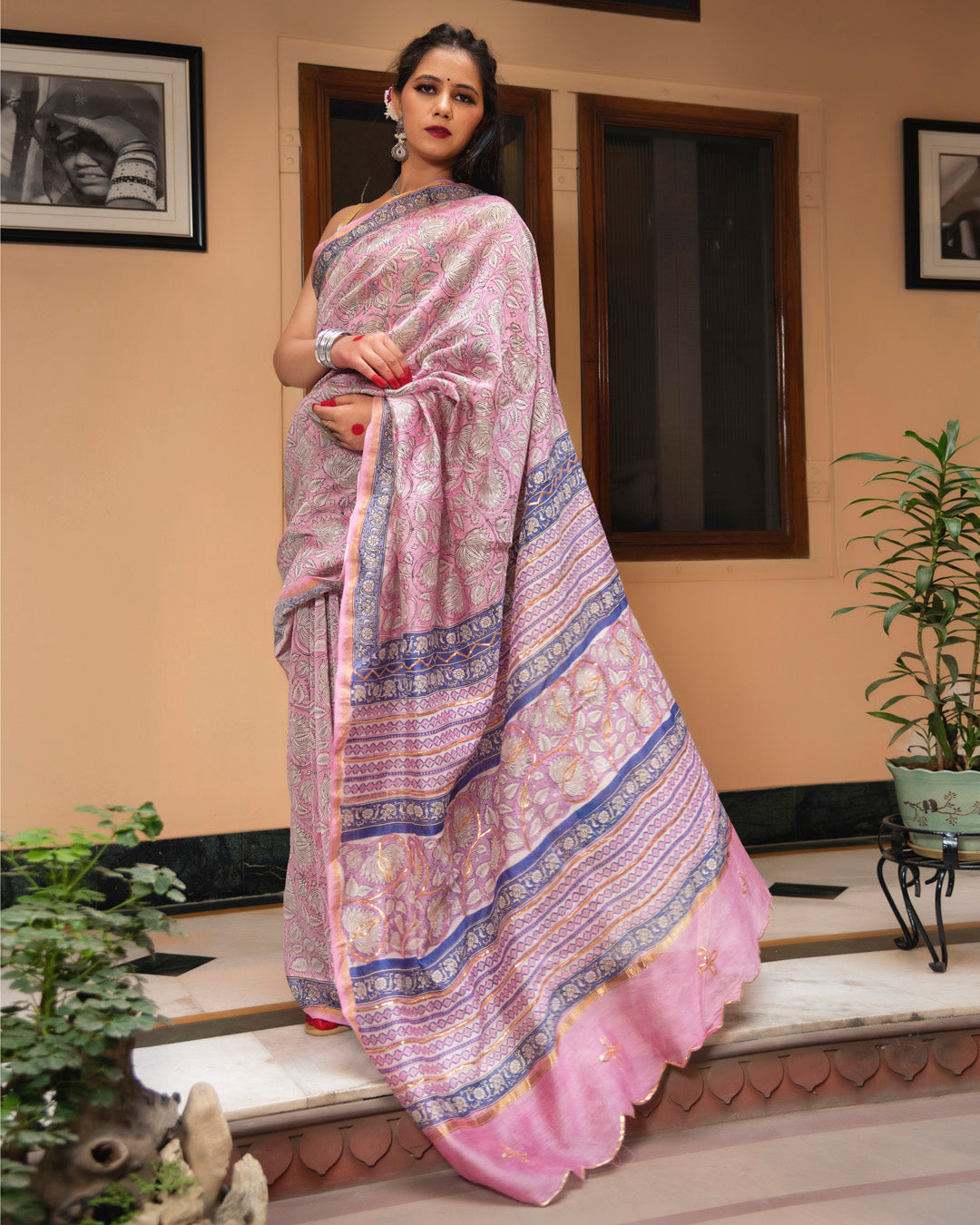 Zilmil Chanderi Hand Block Printed Saree with Blouse