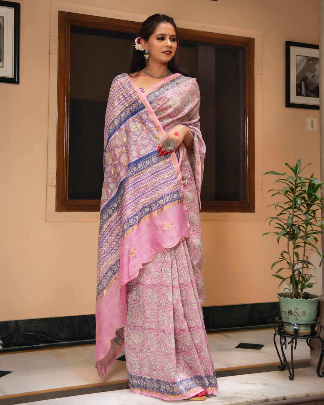 Zilmil Chanderi Hand Block Printed Saree with Blouse