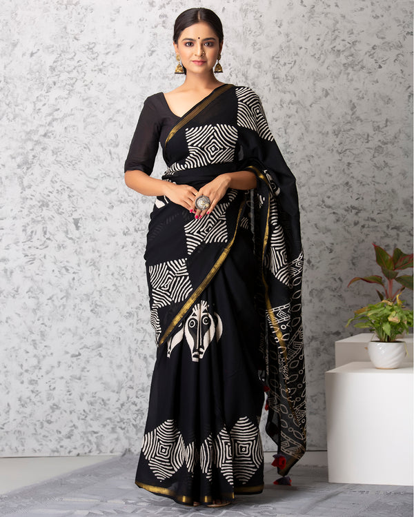 Zoe Handblock Mul-mul Saree with Blouse