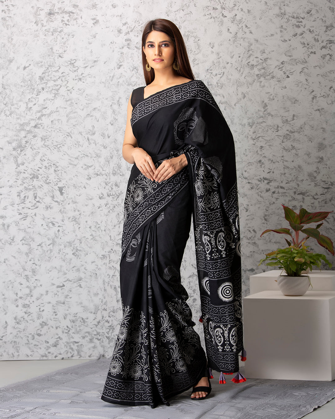 Zoey Handblock Mul-mul Saree with Blouse