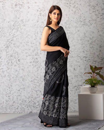 Zoey Handblock Mul-mul Saree with Blouse