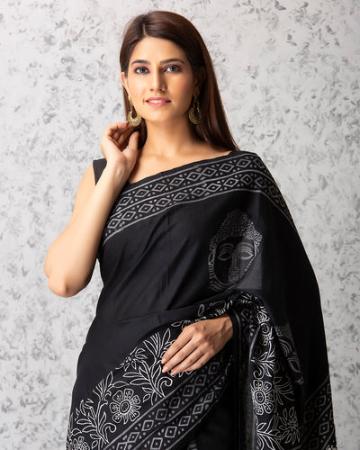 Zoey Handblock Mul-mul Saree with Blouse